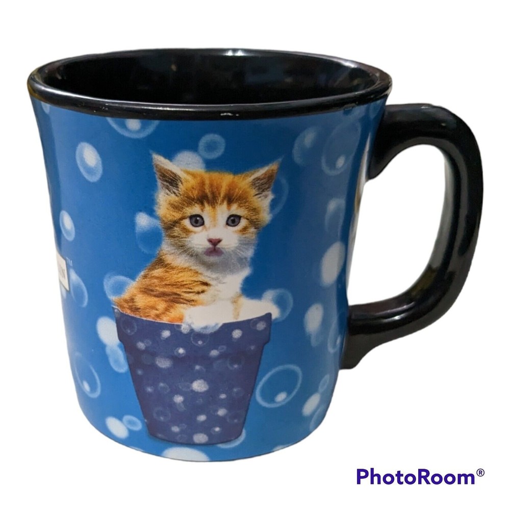 Vtg Keith Kimberlin Coffee Cup Mug Cat Kitty in Flower Pot Polka Dots Blue Black